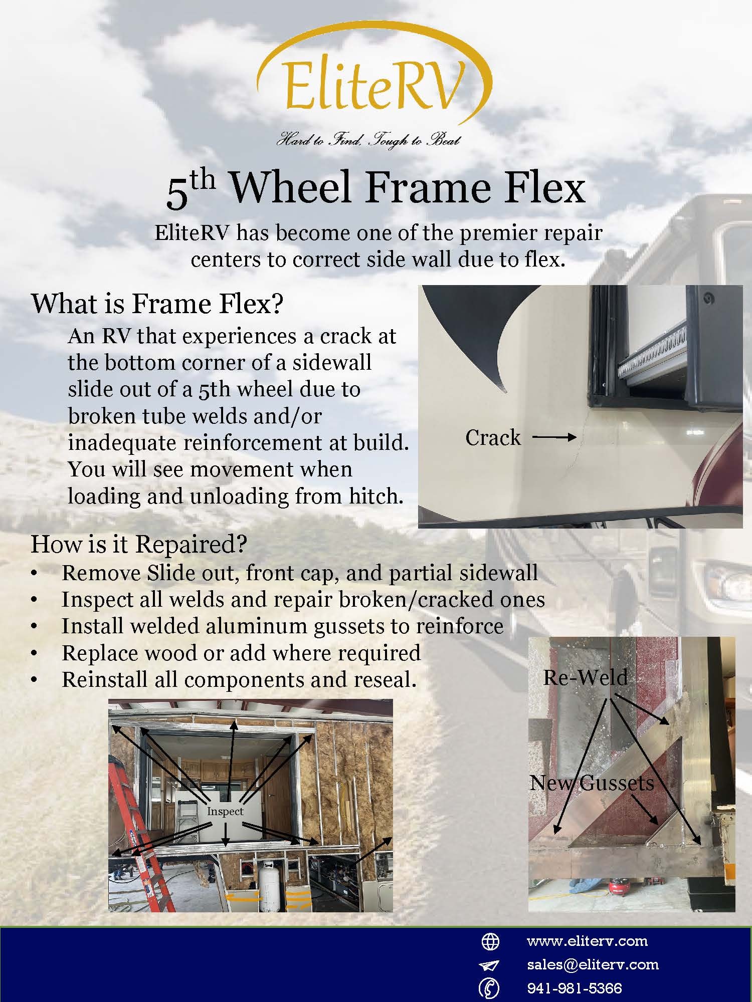 EliteRV 5th Wheel Frame Flex repair brochure showing crack location and repair process