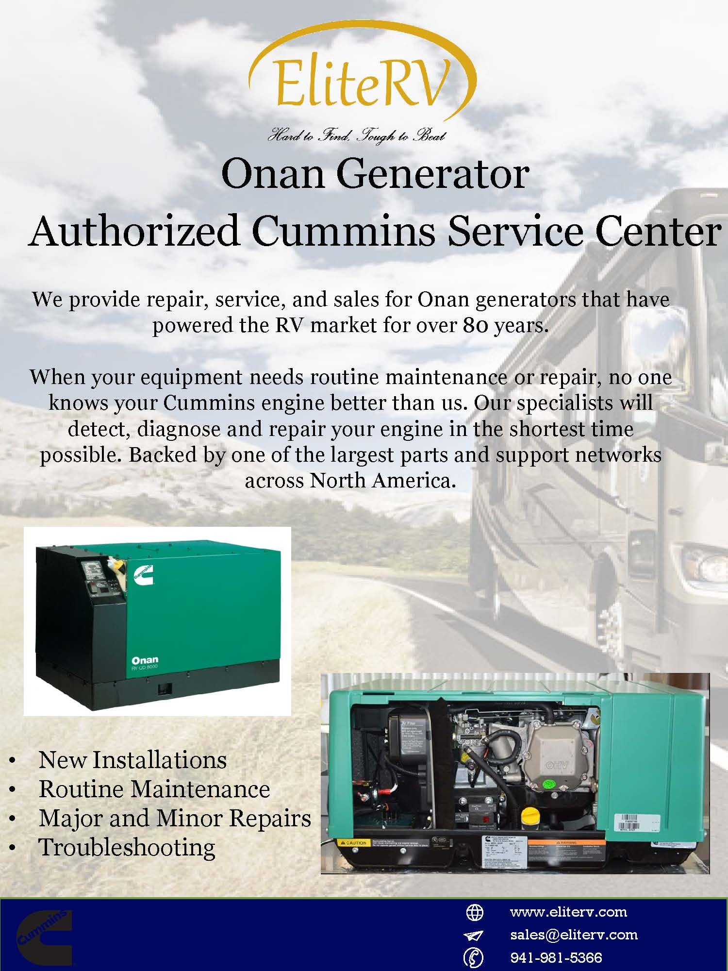 EliteRV Onan Generator Authorized Cummins Service Center brochure