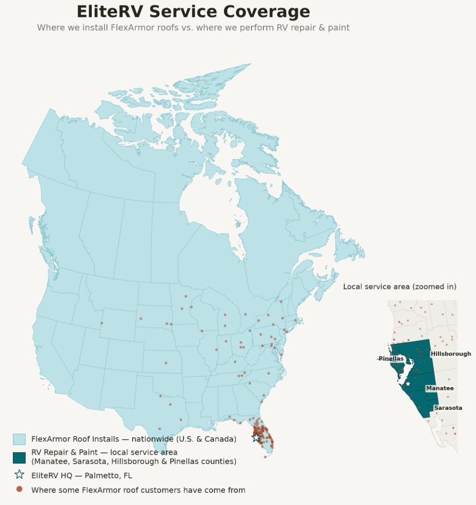 EliteRV Service Coverage Map — FlexArmor roof installations nationwide across the U.S. and Canada; RV repair and paint in Manatee, Sarasota, Hillsborough, and Pinellas counties